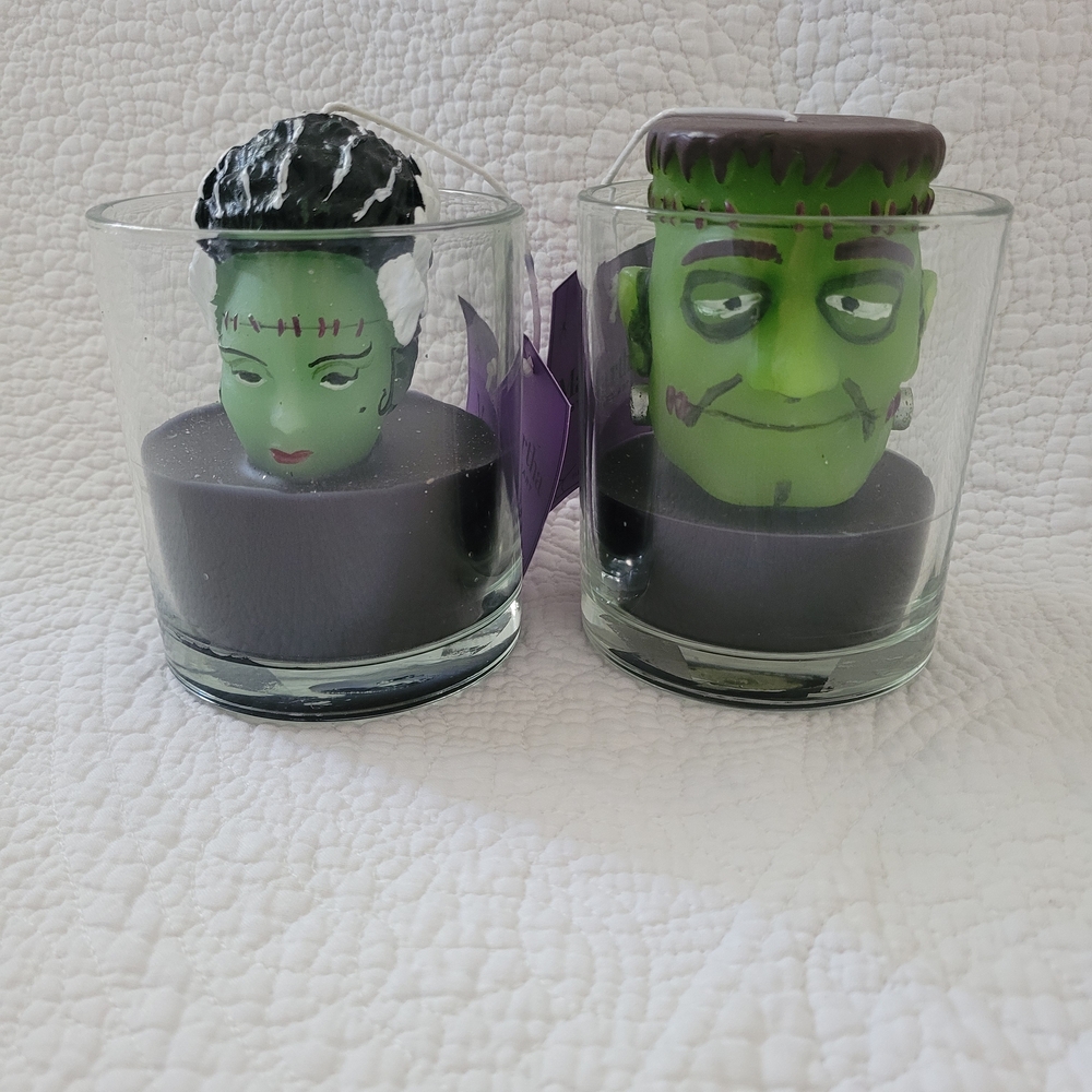 Martha Stewart Frankenstein & Bride Of Head In Jar Candles Halloween Spooky NEW